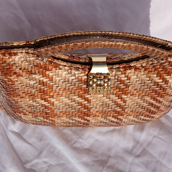 RARE Vintage Neiman Marcus Wicker Rattan Top Latch Closure Woven Tan Handbag - Picture 5 of 5